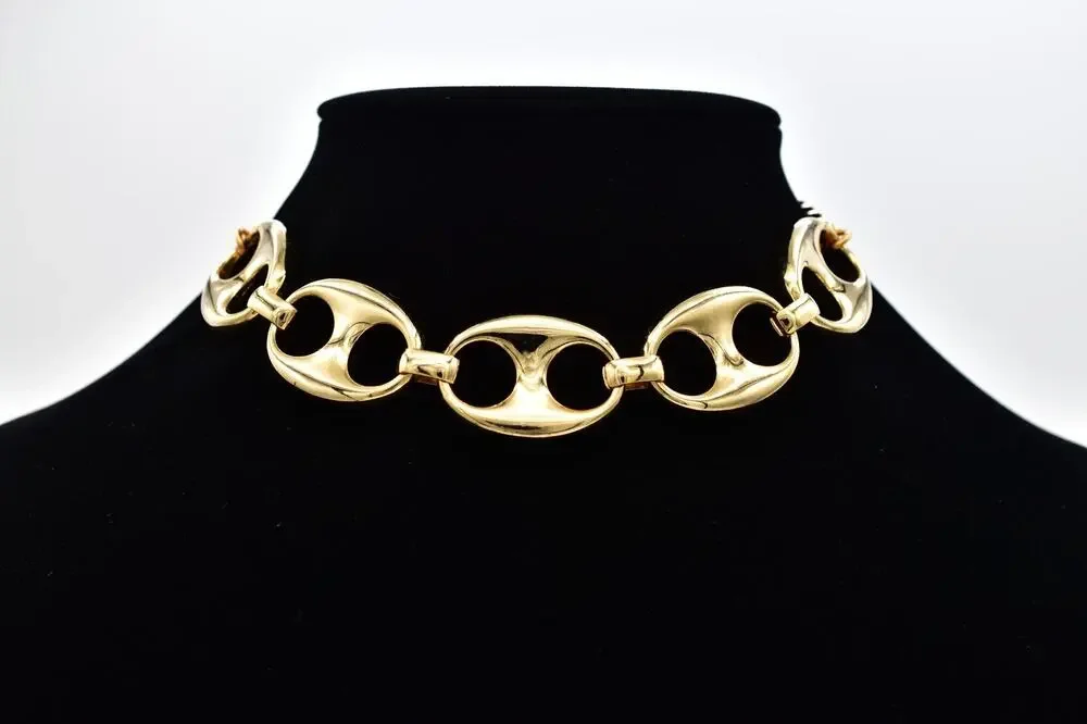Vintage Y2K Heavy Gold Marine Link Choker Necklace Bold Chunky Wide Statement 9J